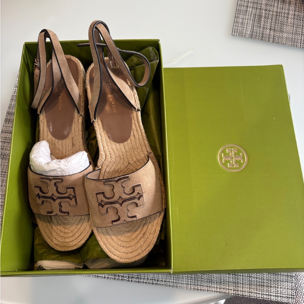 Tory Burch Metallic Beige Espadrille Slingback Sandals